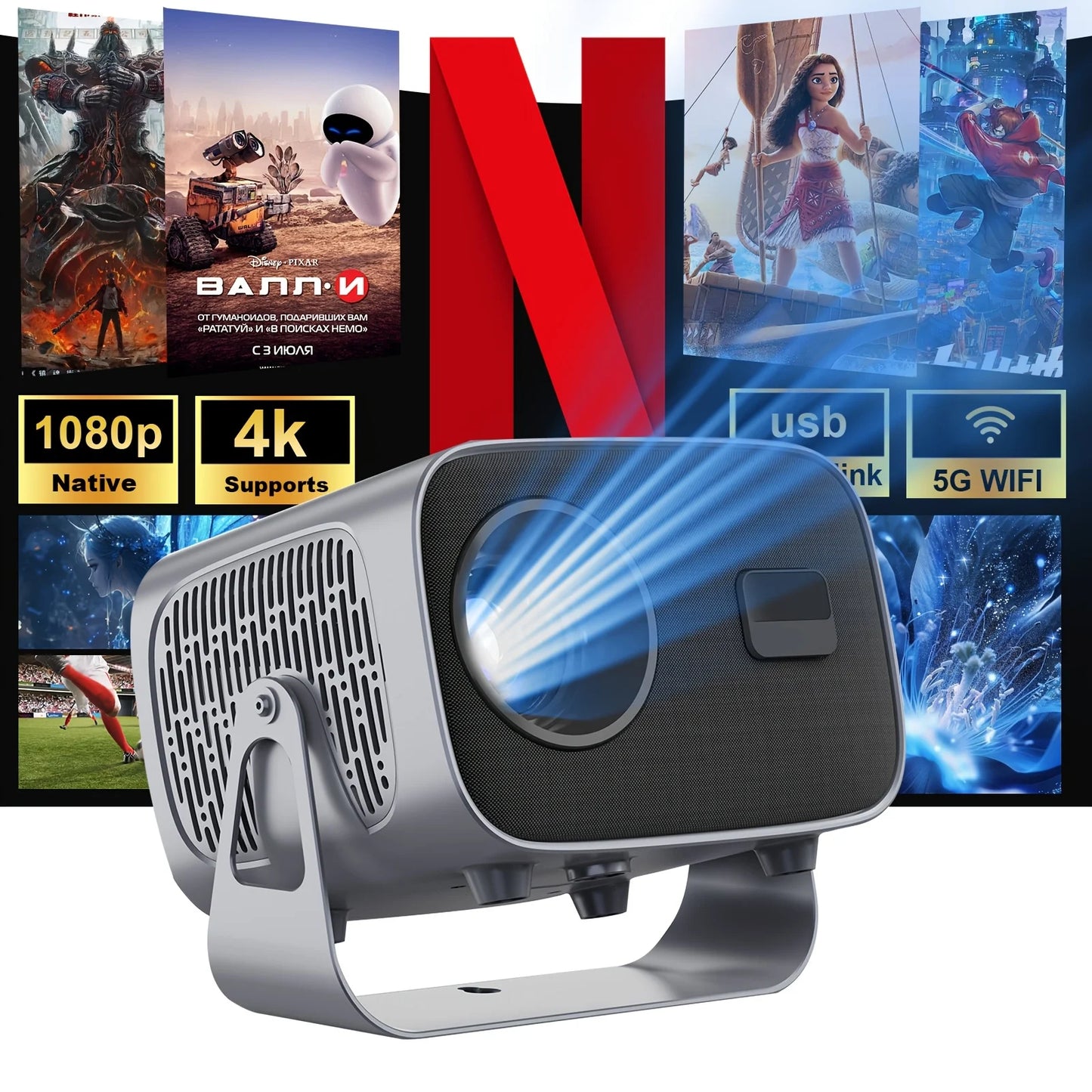 A10 Portable Mini Projector with 4K Support, Native 1080P, 200ANSI Brightness, Android 11, 5, 2 Dual WiFi, 360° Rotation -...
