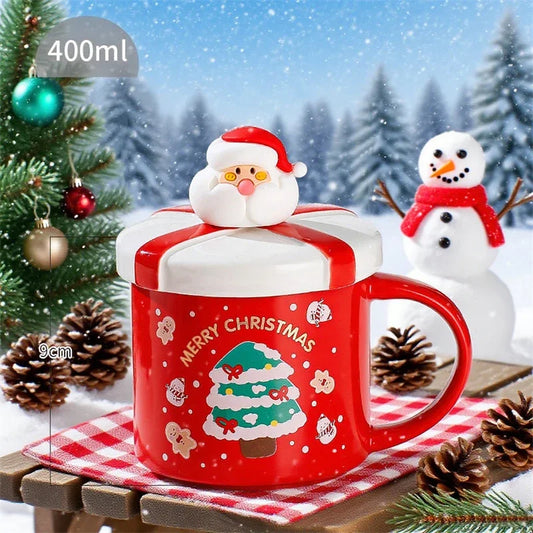 Christmas Mug With Lid and Spoon Santa Claus Ceramic Coffee Cup Elk Sn - Main View