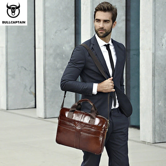 BULLCAPTAIN Leather Laptop Bag, Top Layer Leather 15" Laptop Bag Men's - Front View