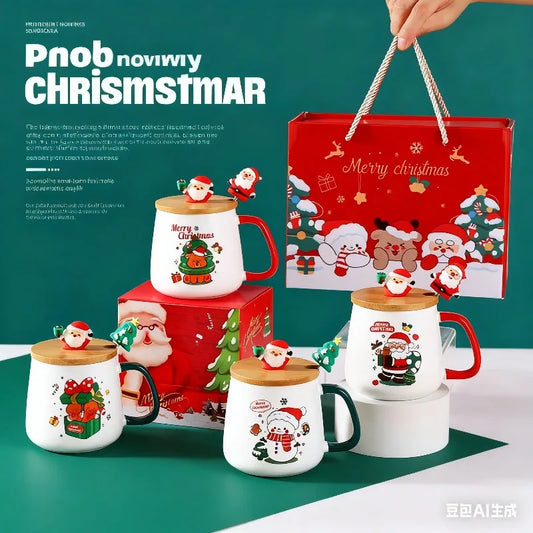 In stock Cute Christmas Gift Ceramic Mug with Lid and Spoon - High-value Santa C - Side View
