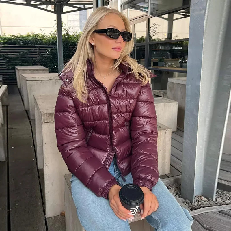 Women Burgundy Padded Coats - Hooded Zipper Winter Fashion Jacket - Product Details