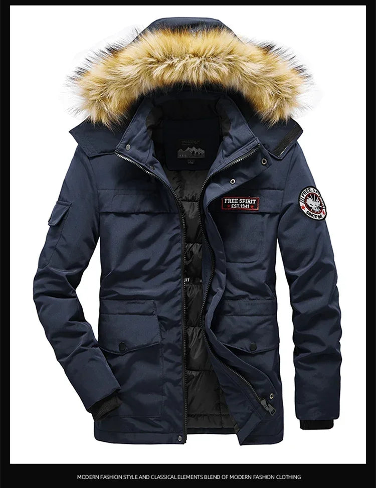 Winter Cotton-Padded Military Parkas Men's Thick Fashion Handsome Fur Hooded Coat Cotton-Padded Jack - Gallery image 7