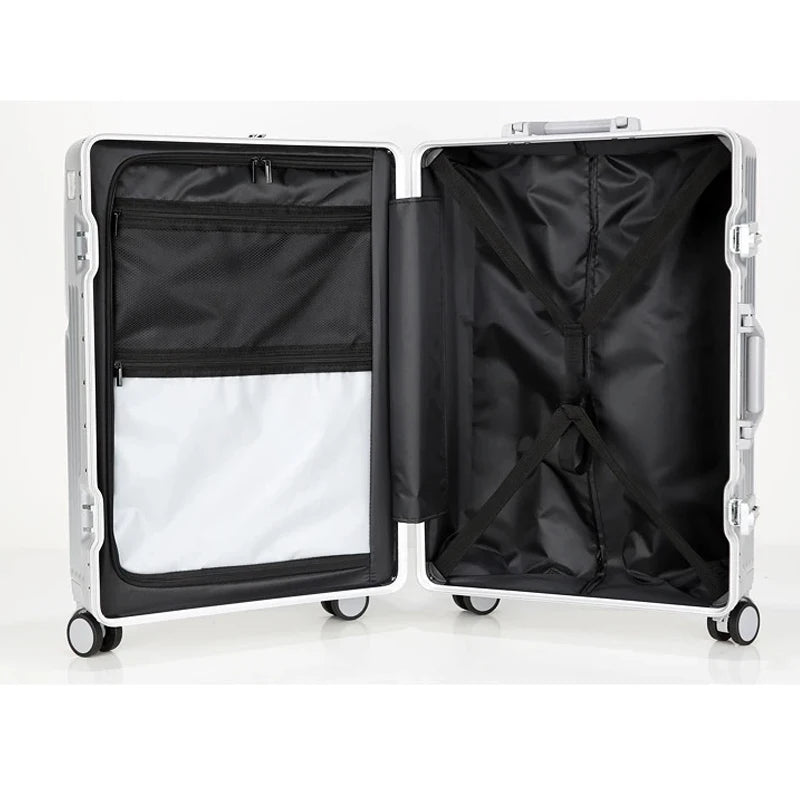 Aluminium Frame Suitcase Front Opening Cabin Luggage with USB Cup Holder Female Trolley Case Male Br - Additional view