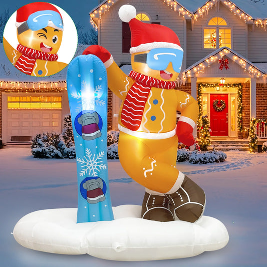 OurWarm 6FT Christmas Inflatable Outdoor Decoration, Cute Skiing Gingerbread Man - Side View