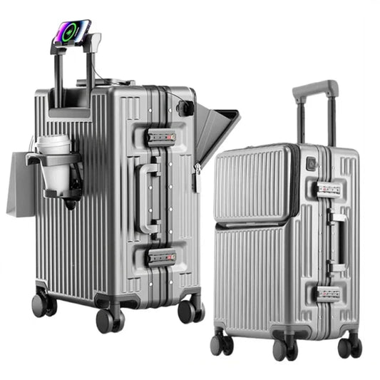 Aluminium Frame Suitcase Front Opening Cabin Luggage with USB Cup Holder Female Trolley Case Male Br - Product details