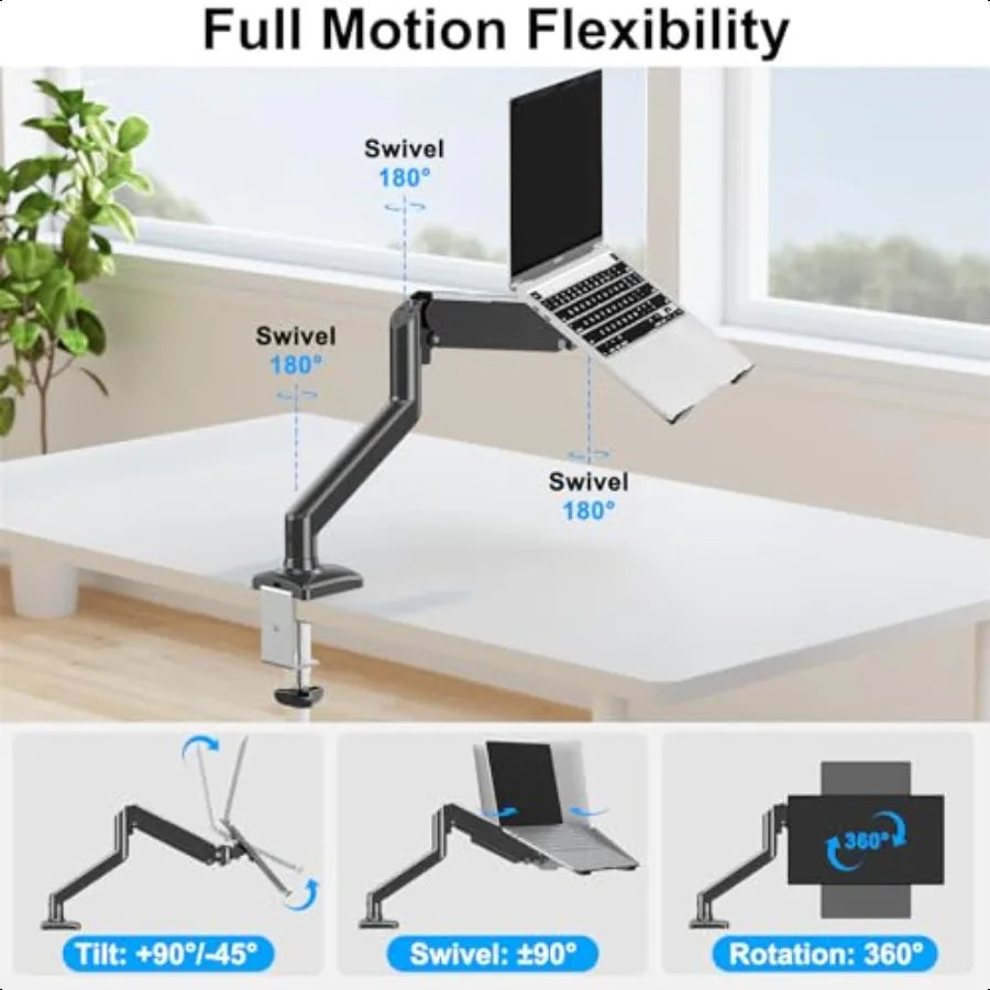 Laptop Stand Desk Mount 2 in 1 Function Gas Spring Arm Fits Max 17 Notebook and 32 Computer Screen Single Monitor Mount wi...