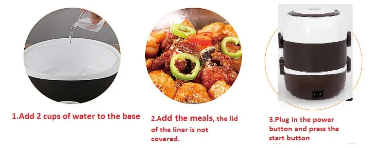 2L 3 Layers Electric Lunch Box 200W Food Warmer Stainless Steel