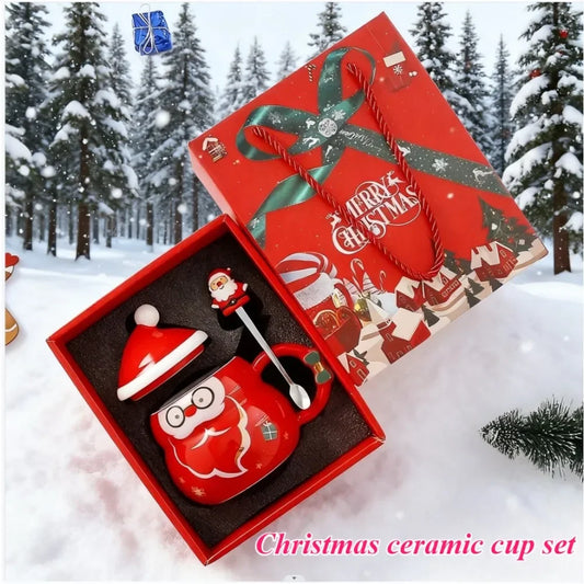 Ceramic Christmas Mug with Lid Spoon Cute Cartoon Coffee Cup New Year  - Front View