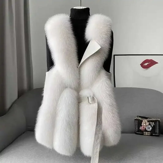 Thick Faux Fur Vest Jacket for Women Warm Colorblock Winter Maxi Coat Luxury Sle - Main View