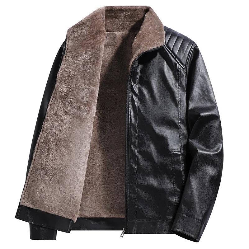 Winter Fleece-lined Leather Jacket Men 2025 New Coat Men's Top Windproof Leisure Mens Streetwear Zip - Additional view