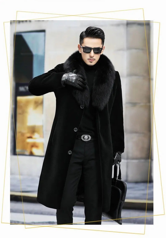 Men's Mink Fur Coat - Long Thickened Winter Jacket with Wide Collar Detail