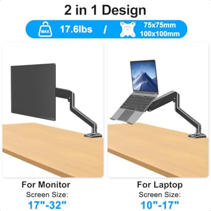 Laptop Stand Desk Mount 2 in 1 Function Gas Spring Arm Fits Max 17 Notebook and 32 Computer Screen Single Monitor Mount wi...