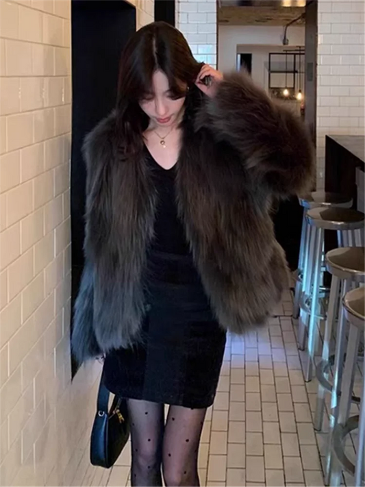 Eco-Friendly  Fur Coat Young Sle V-Ne Women's Jaet Thi ort Faionable Winter Oute - Main View