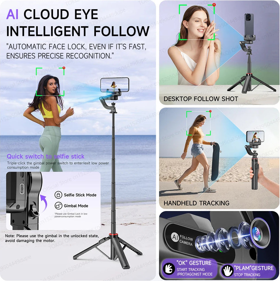 AI Tracking Deskpot Gimbal Tripod with Extendable Selfie Stick for Mob - Back View