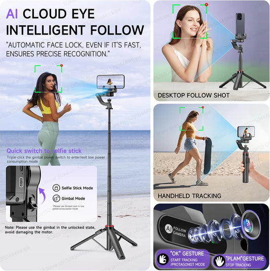 AI Tracking Deskpot Gimbal Tripod with Extendable Selfie Stick for Mob - Back View