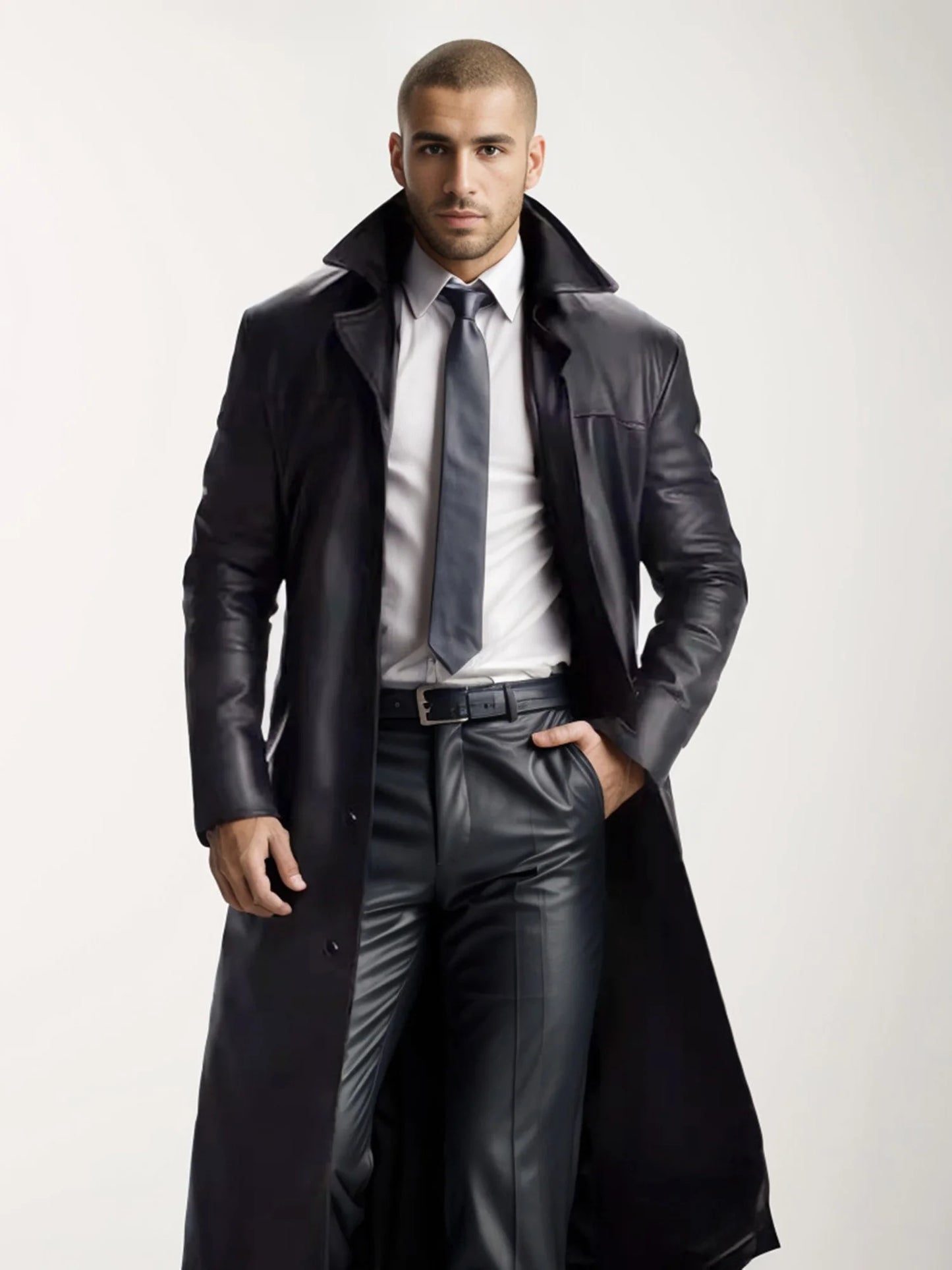 Men s Faux Leather Jacket Classic Lapel Collar Long Sleeve Button