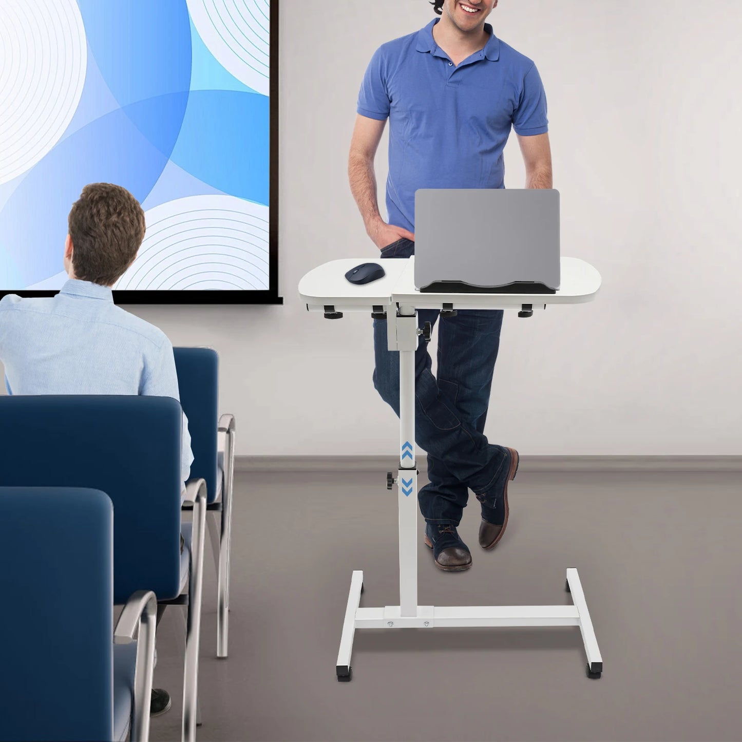 Height Adjustable White Computer Desk Stand with Wheels Adjustable Rolling Laptop Table Suitable for Bedroom, Living Room,...