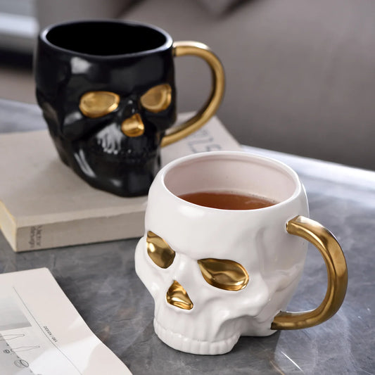 Gothic Novelty Skull Mug with Gold Handles Ceramic Halloween Themed Skeleton Hea - Main View