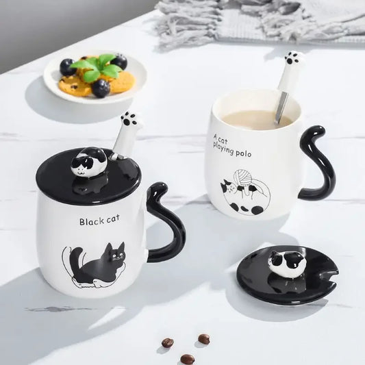 Cartoon Cat Ceramic Mug, Birthday Gift Cute Coffee Cup with Lid, Tail  - Main View