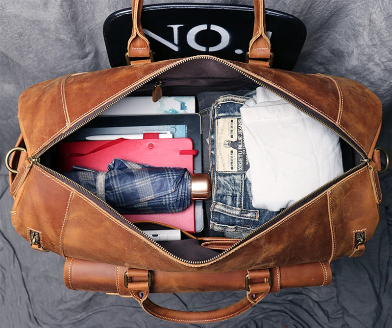 MUNUKI Vintage Crazy Horse Genuine Leather Travel bag Large Luggage