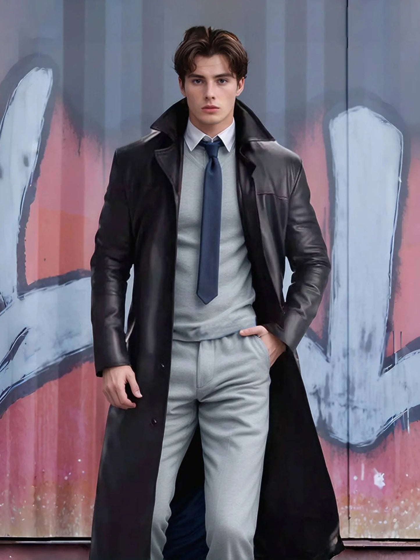 Men s Faux Leather Jacket Classic Lapel Collar Long Sleeve Button