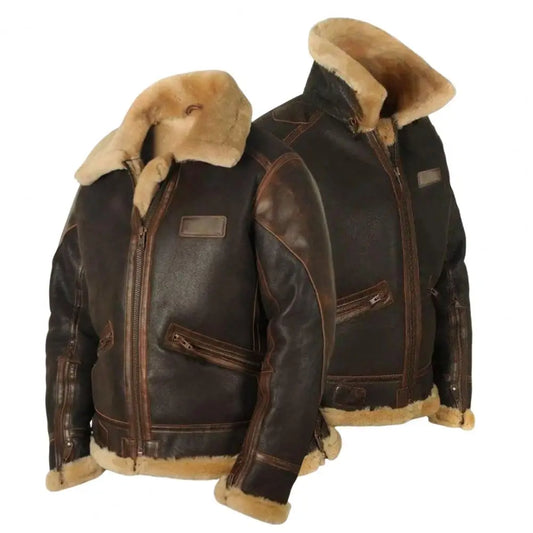 Men Jacket Plush Lining Fur Collar Men's Leather Jackets Thickened Windproof PLu - Side View