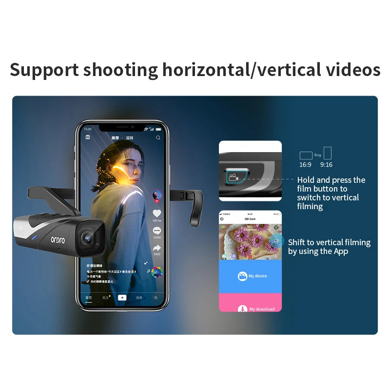 Ordro EP8 Head Wearable Action Camera Vlog 4K 60fps for YouTube