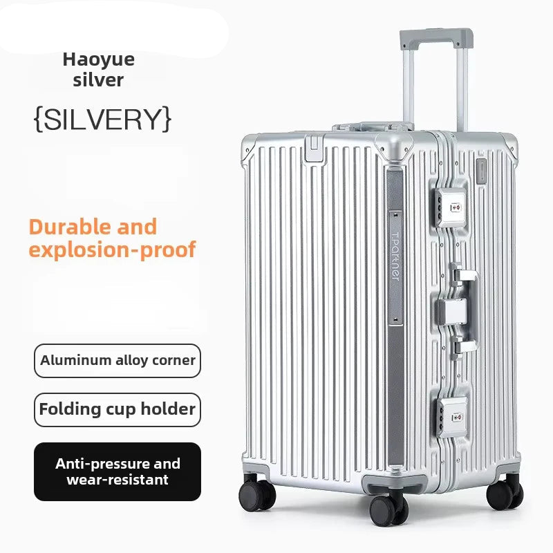 Silver suitcase with features highlighted on a white background