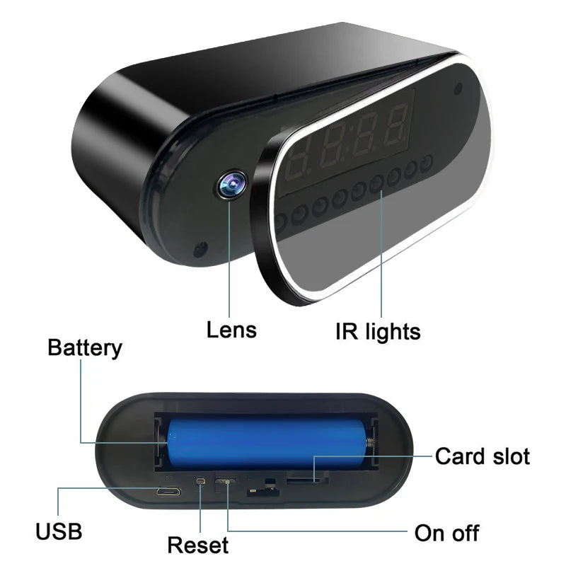 Full HD 1080P Alarm Clock Mini Camera Wireless Wifi Control IR Night