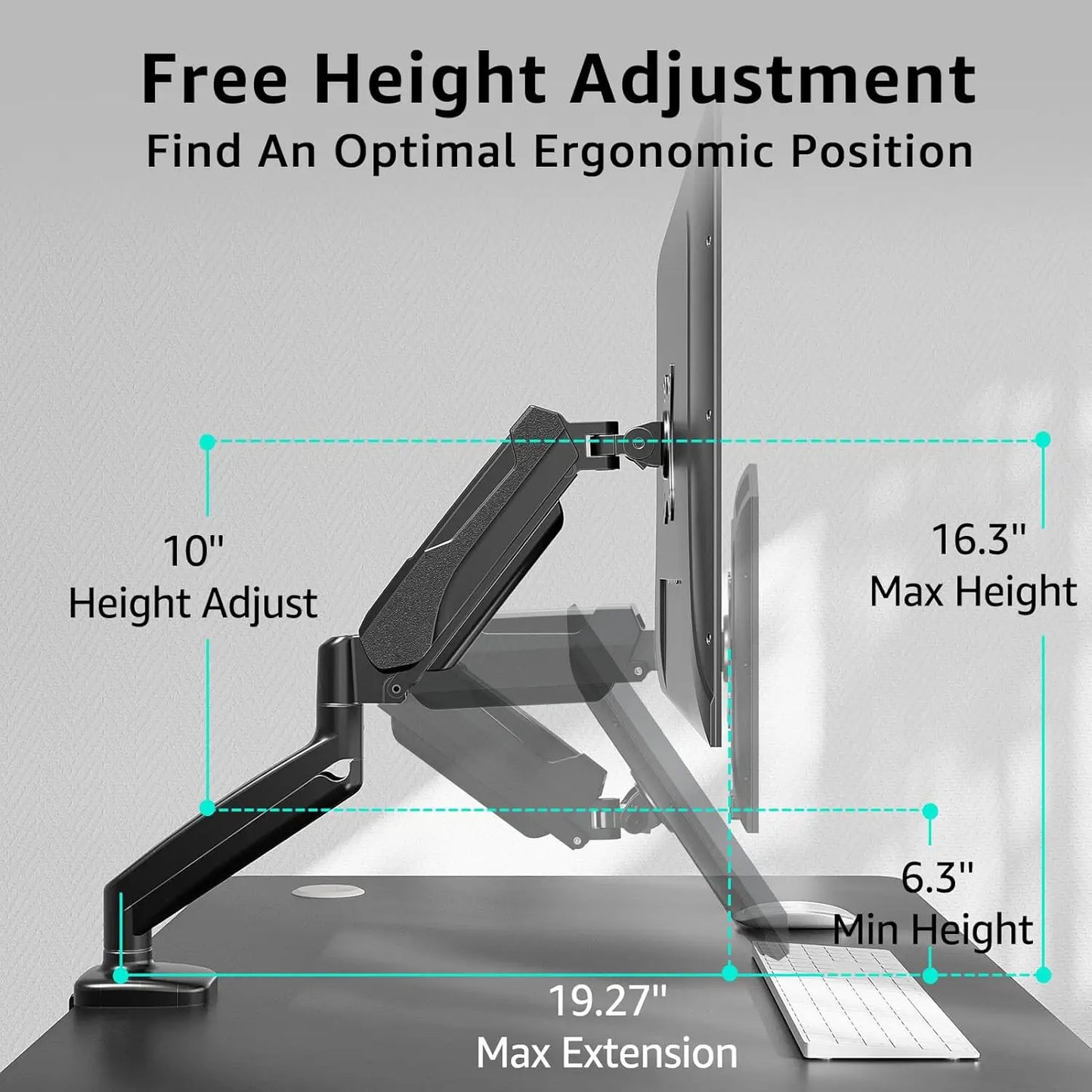 Redragon GMK914 Single Monitor Mount Stand Gas Spring Adjustable Arms with VESA 75/100mm, 13-32 Inch Screen Compatibility - Detail View