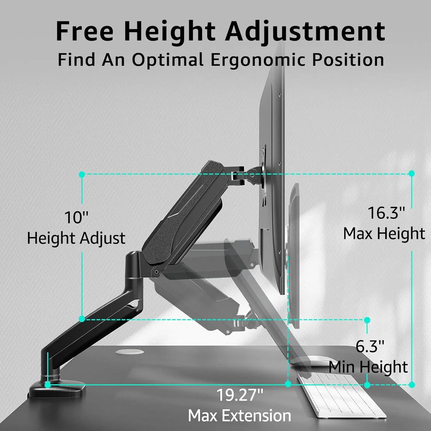 Redragon GMK914 Single Monitor Mount Stand Gas Spring Adjustable Arms with VESA 75/100mm, 13-32 Inch Screen Compatibility - Detail View