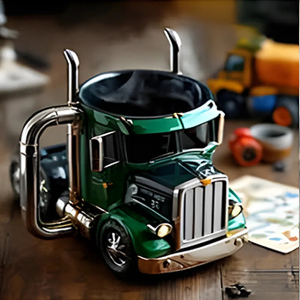 Semi Truck Coffee Mug - Trucker Gift Ceramic Cup - Features Highlight