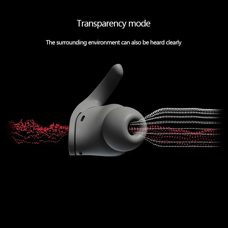 Gray wireless earbud with sound wave graphics on a black background, highlighting transparency mode feature.