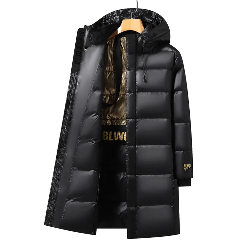 2024 Winter Goose Down Coat Men's Luxury Glossy Black Gold Long Down Jacket Women's Fashion Waterpro