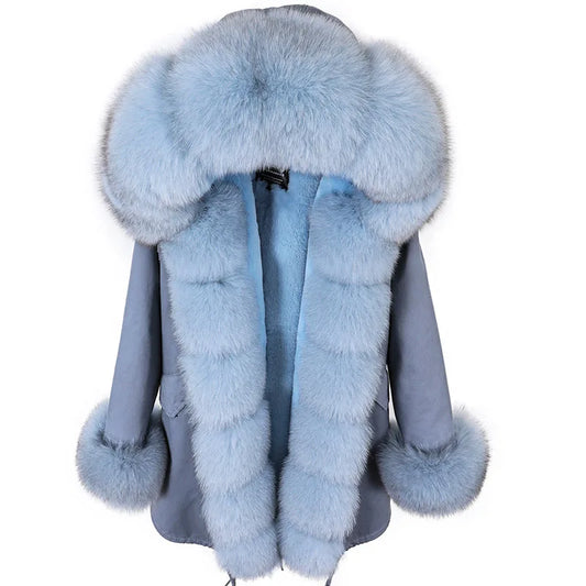 MAOMAOKONG 2024 Winter Women Coat Natural Fox Fur Collar Cuff Black Jackets Outw - Main View