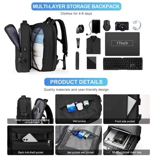 Likros Men Backpack Business Travel Backpack Carry on Waterproof Expandable Back - Side View