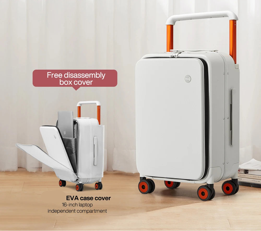 White suitcase with orange handles and wheels on a light wooden floor, featuring the MIXI brand.