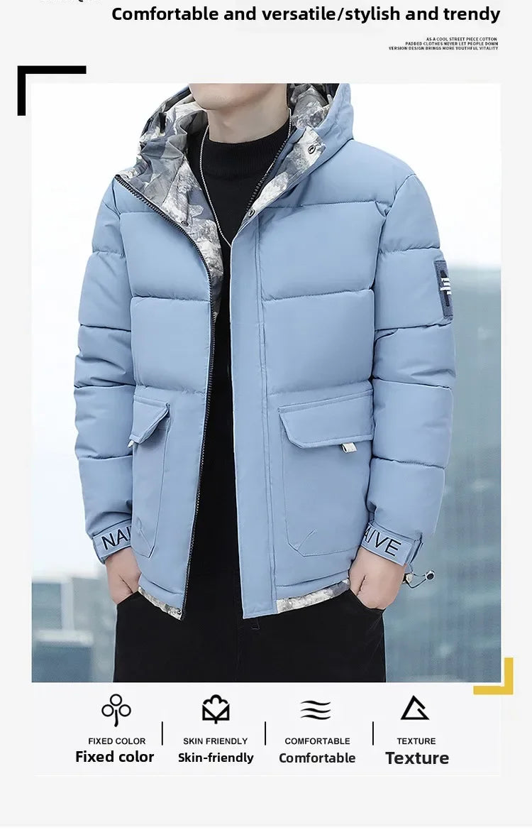 Light blue jacket with patterned hood on a white background