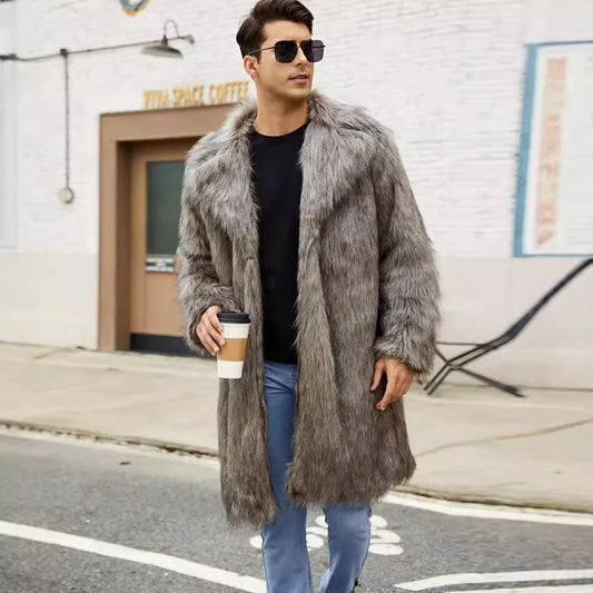 Men Long Faux Fur Coat Jacket Thick Warm Coats Turn Down Collar Full Sleeve Spli - Side View