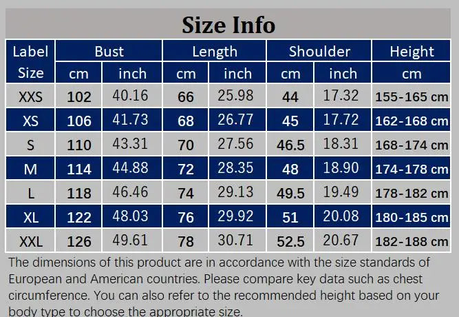 Size chart for clothing with measurements in centimeters and inches.