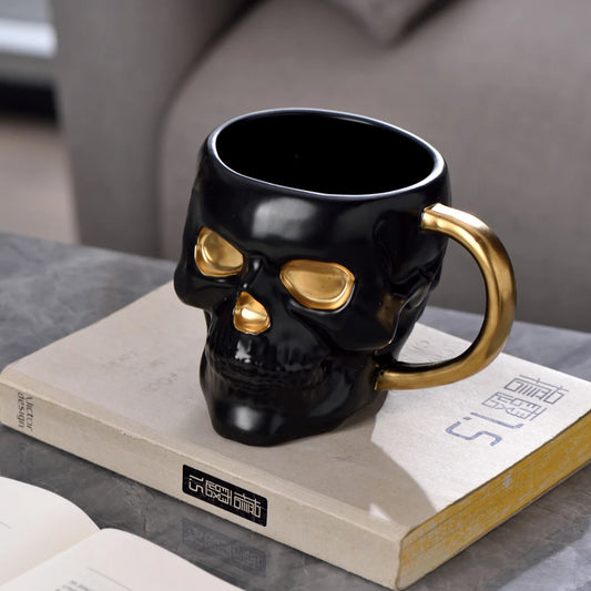 Gothic Novelty Skull Mug with Gold Handles Ceramic Halloween Themed Skeleton Hea - Side View