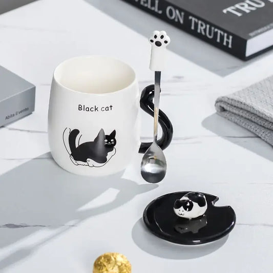 Cartoon Cat Ceramic Mug, Birthday Gift Cute Coffee Cup with Lid, Tail - Front View