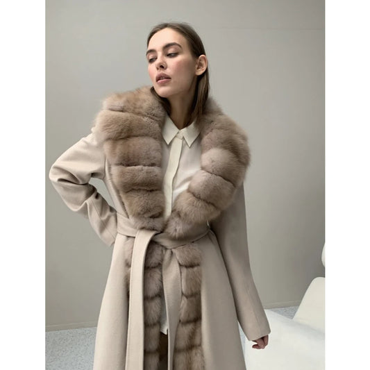 Winter New Cashmere Wool Coat Natural Fox Fur Warm Winter Jackets Fur Coat Women - Side View