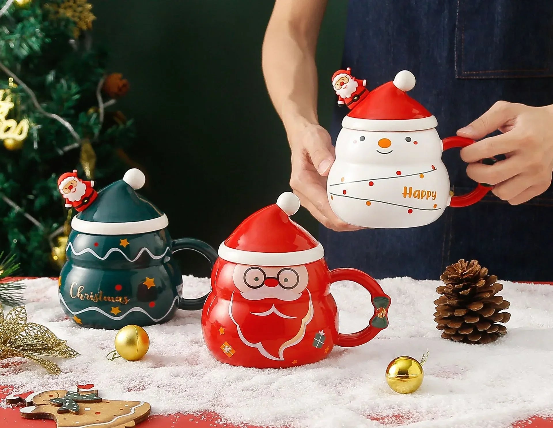 Ceramic Christmas Mug with Lid Spoon Cute Cartoon Coffee Cup New Year  - Material Detail