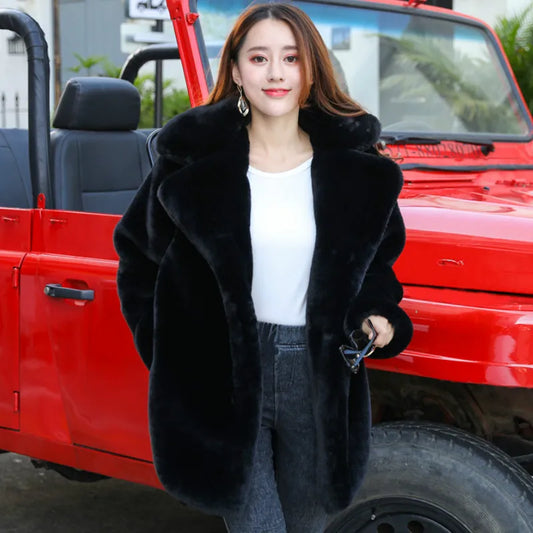 2023 New Women Winter Warm Faux Fur Coat Thick Women Middle -Long Over - Front View