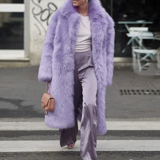 Women Thick Faux Fur Jacket Autumn Winter Maxi Coat Purple Elegant Long Jackets  - Main View