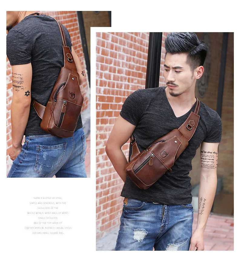 BULLCAPTAIN Genuine Leather Chest Bag Casual Triangle Crossbody