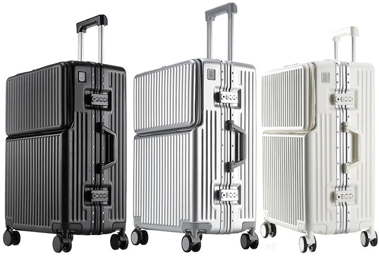 Three suitcases in black, silver, and white on a white background with 'Muhuo' branding.
