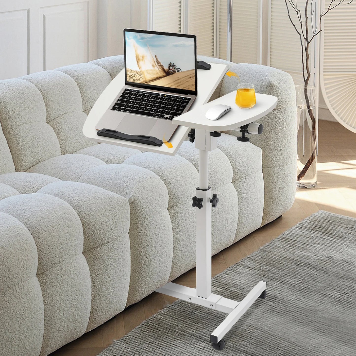 Height Adjustable White Computer Desk Stand with Wheels Adjustable Rolling Laptop Table Suitable for Bedroom, Living Room,...