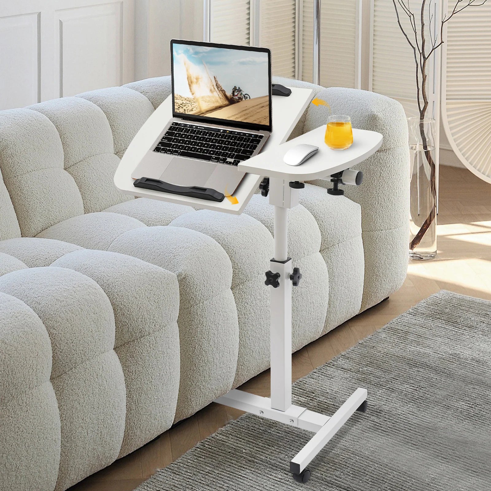 Height Adjustable White Computer Desk Stand with Wheels Adjustable Rolling Laptop Table Suitable for Bedroom, Living Room,...